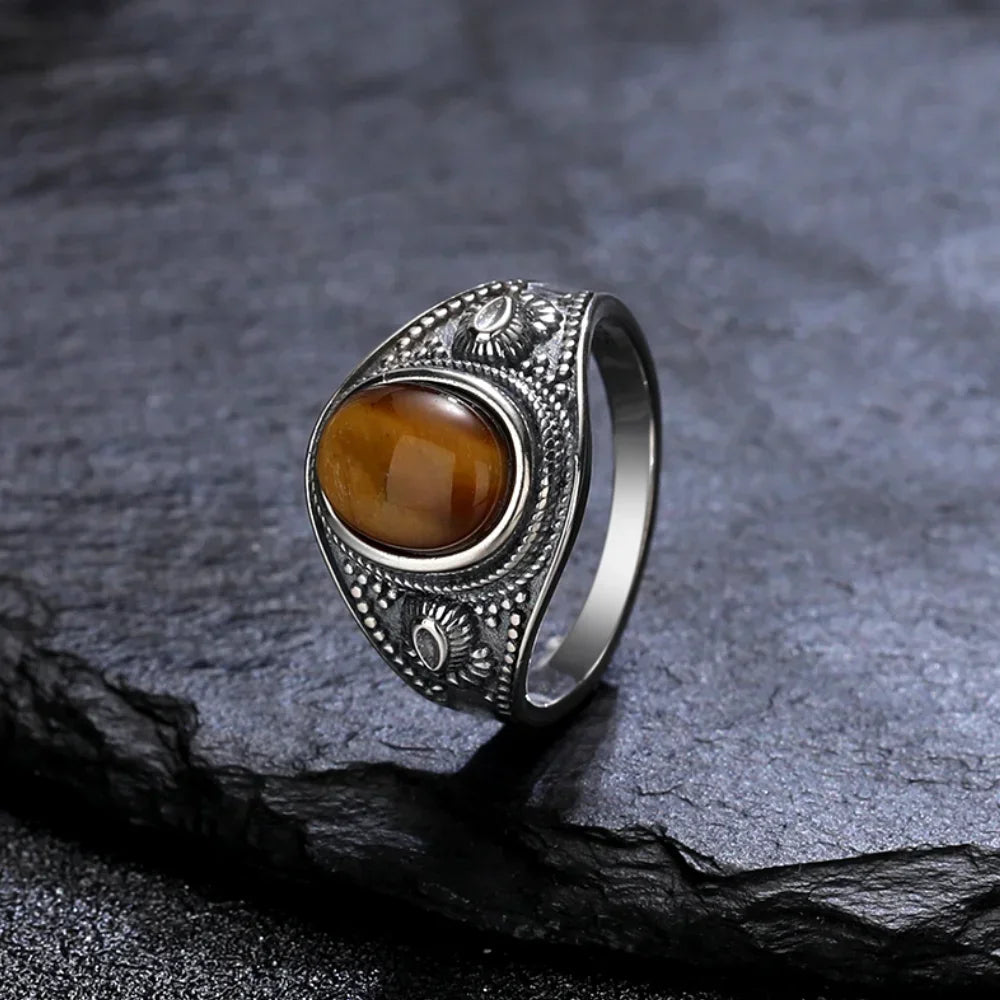 Silver Vintage Ring Oval 8x10MM Natural Tiger's Eye Stone Ring for Men Women Gift Luxury Rhodochrosite Jewelry
