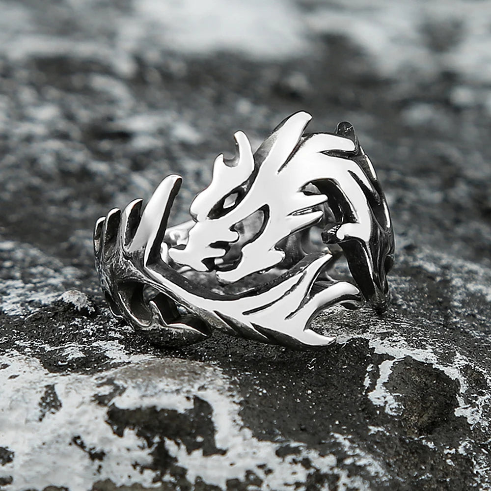 Fashion Punk Stainless Steel Fire Dragon Rings For Men Women Hip Hop Biker Vintage Vikings Animal Ring Amulet Jewelry