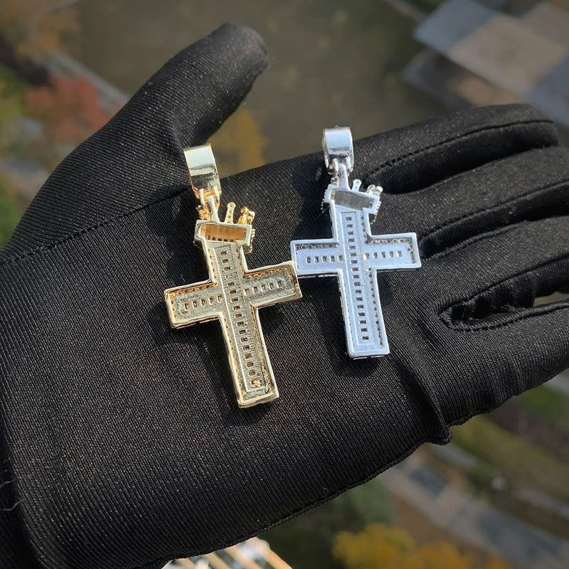 Hip Hop 3A+ CZ Stone Paved Bling Iced Out Crown Cross Charm Pendants Necklace for Men Rapper Jewelry Gold Silver Color