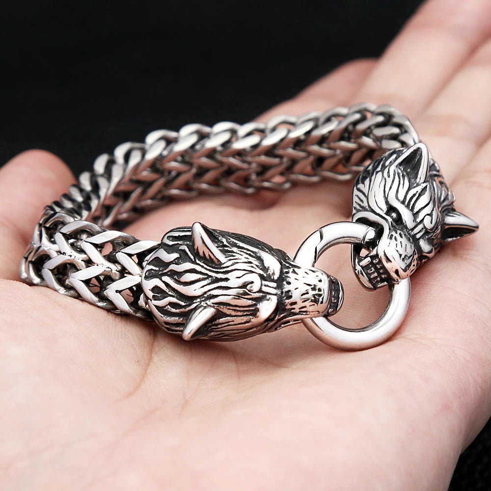 Double Wolf Head Bracelet — Stainless Steel