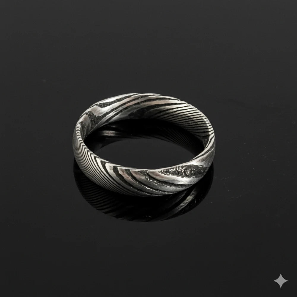 Damascus Steel CZ Band Ring — Stainless Steel