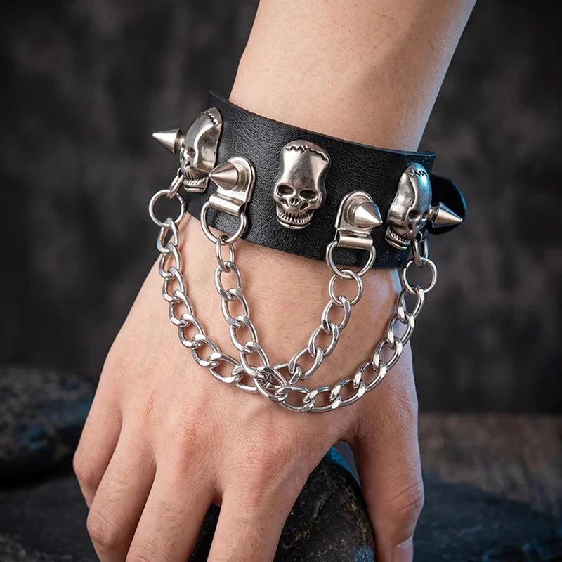 90s Gothic Skull Spike Bracelet Adjustable Punk Rock Bracelet Black Studded Faux Leather Wristband Bracelet for Men