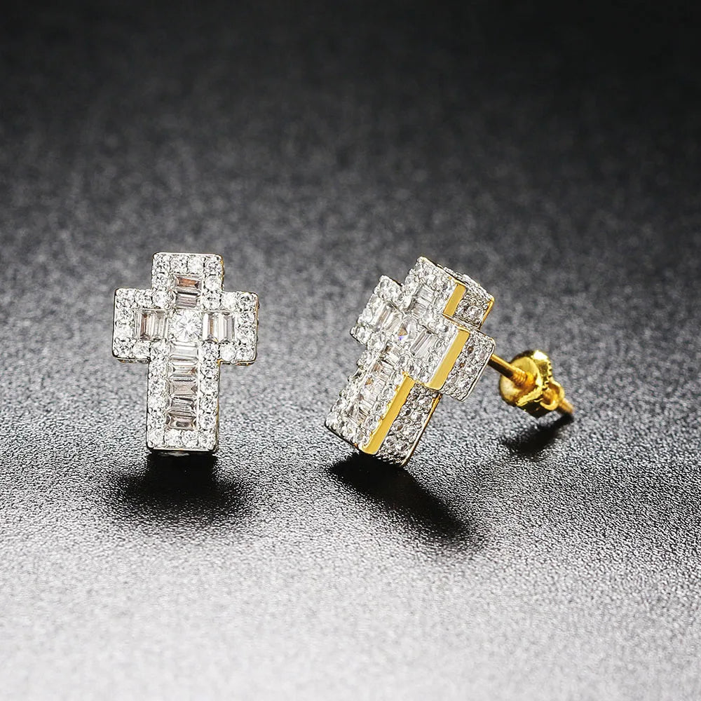 Iced Out Cross Stud Earrings — Gold