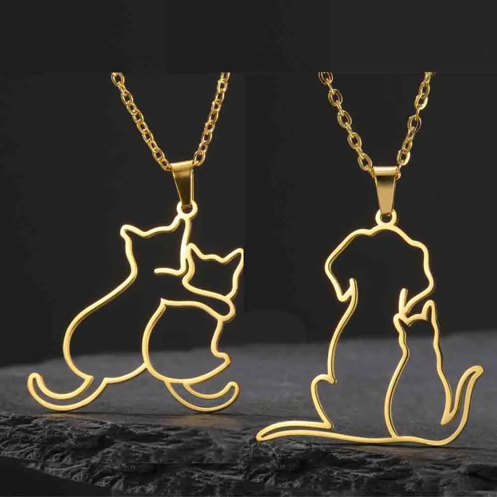 My Shape Hugging Puppy Kitten Necklace for Women Stainless Steel Pendant Chain Animal Cat Dog Jewelry Pets Lovers Gifts