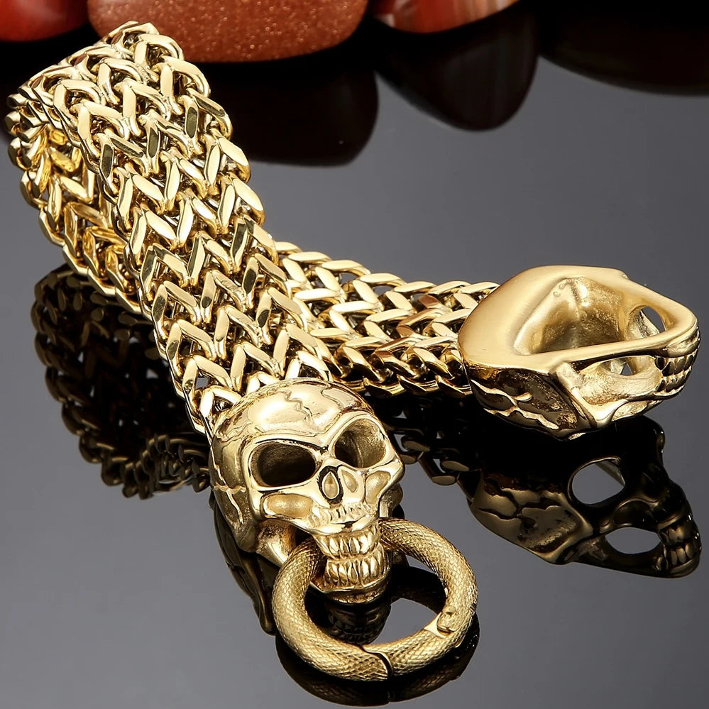 Massive Lion Skull Head Bracelet for Man Stainless Steel 18MM Wide Square Franco Chain Men's Bracelets Animal Wrist