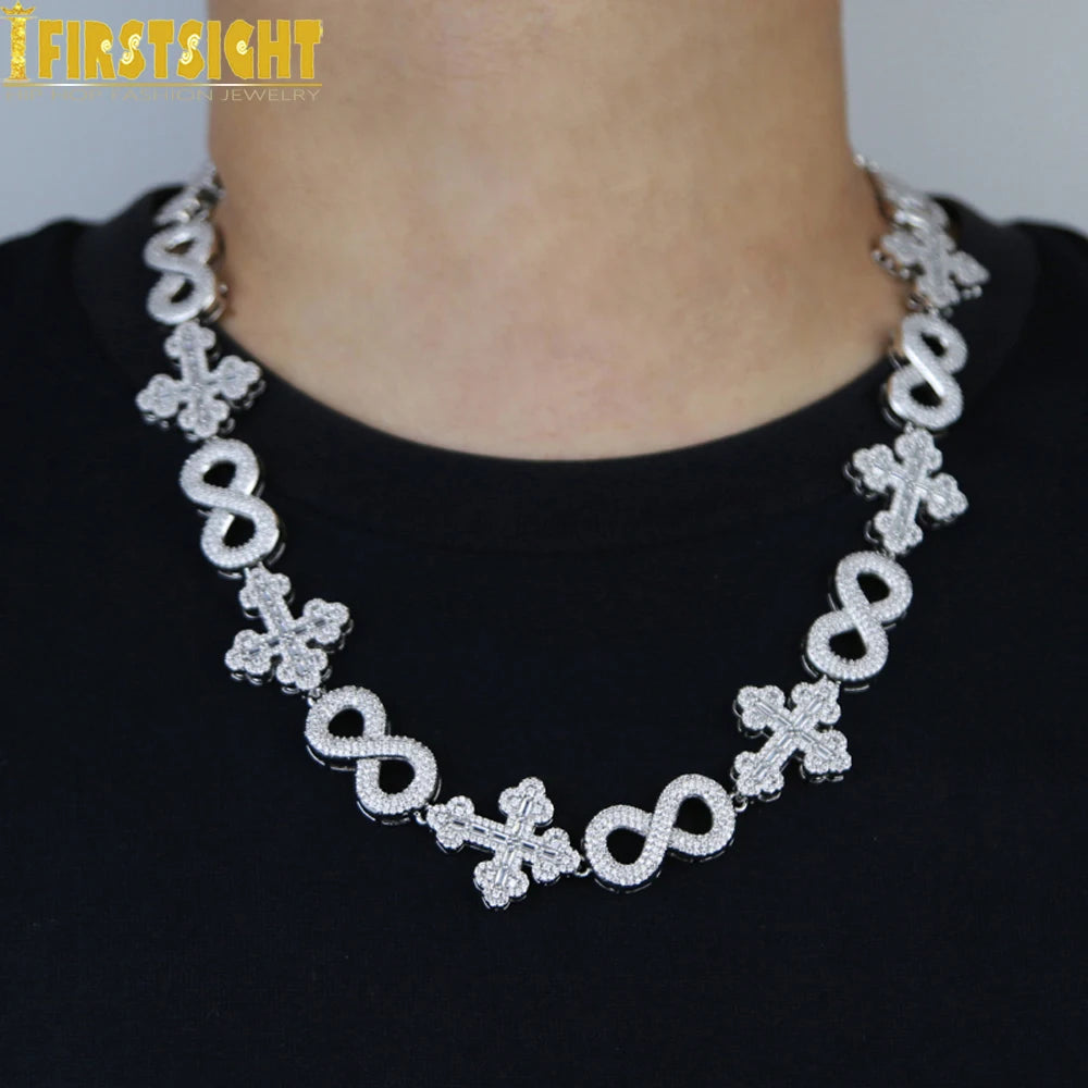 Iced Out Infinity Cross Necklace for Men Women Silver Color Prong Setting Cubic Zirconia Charm Star Link Chain Hip Hop