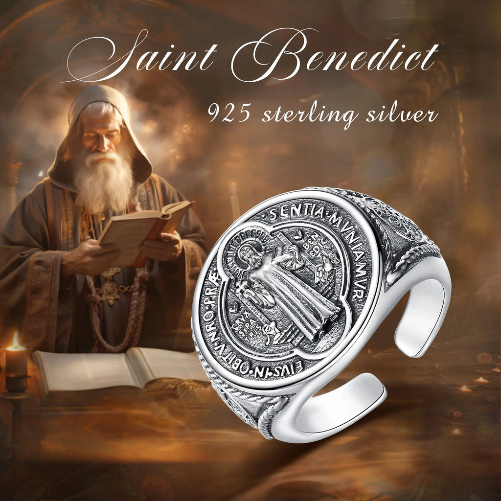 Eudora 925 Sterling Silver Saint Benedict Medal Adjustable Ring San Benito Cross Amulet Religious Jewelry Gift for Men Women