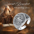 Eudora 925 Sterling Silver Saint Benedict Medal Adjustable Ring San Benito Cross Amulet Religious Jewelry Gift for Men Women