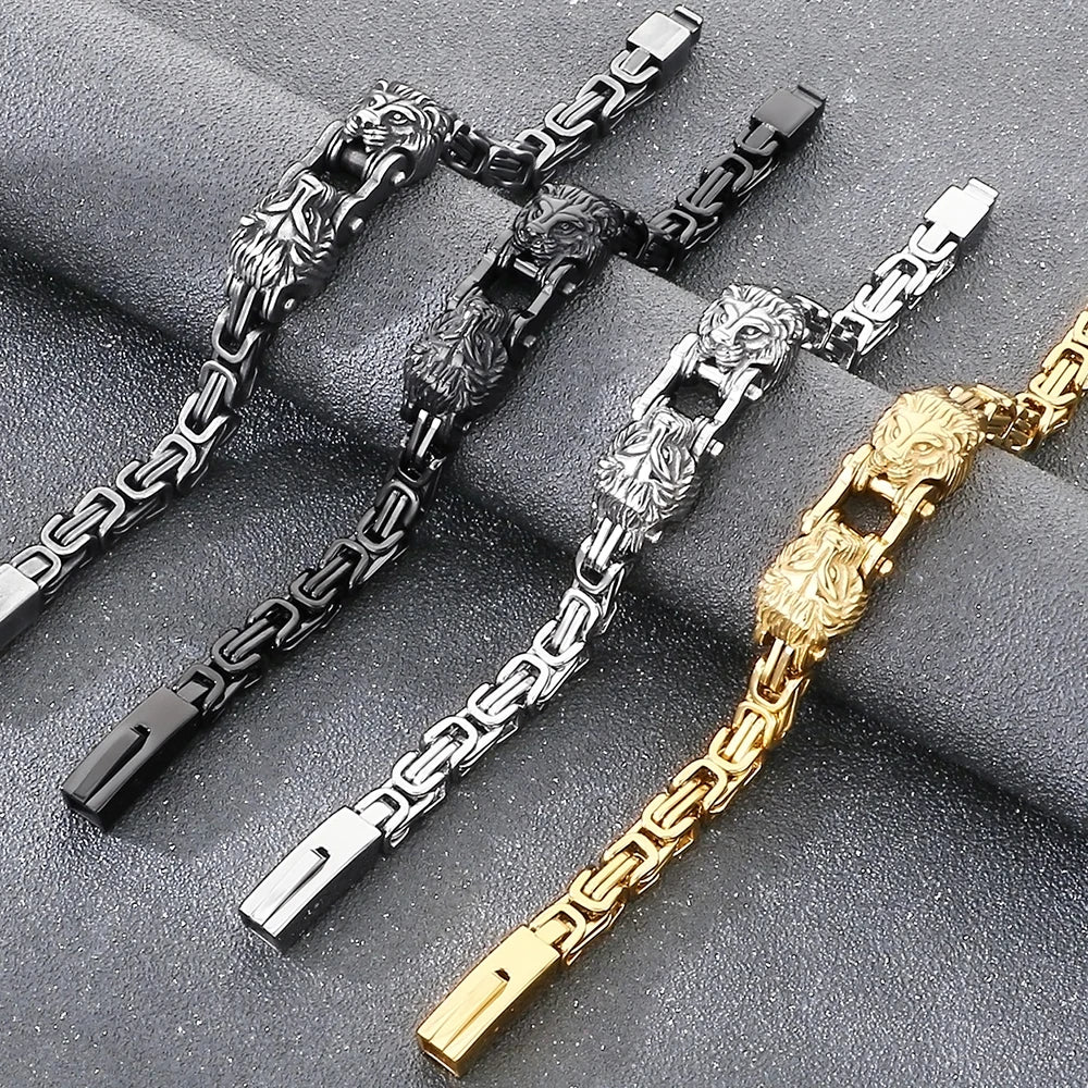 Cool 7MM Wide Men's Lion Head Link Chain Bracelet Vintage Blackened 316l Stainless Steel Bracelets Gothic Biker Jewelry