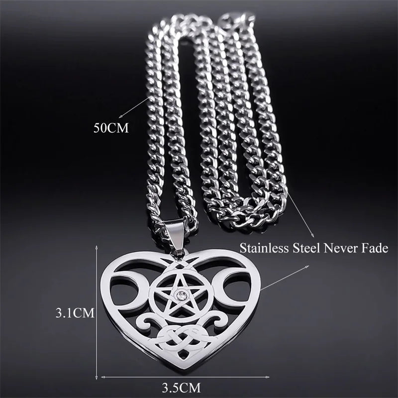 Wicca Heart Pentagram Pendant — Stainless