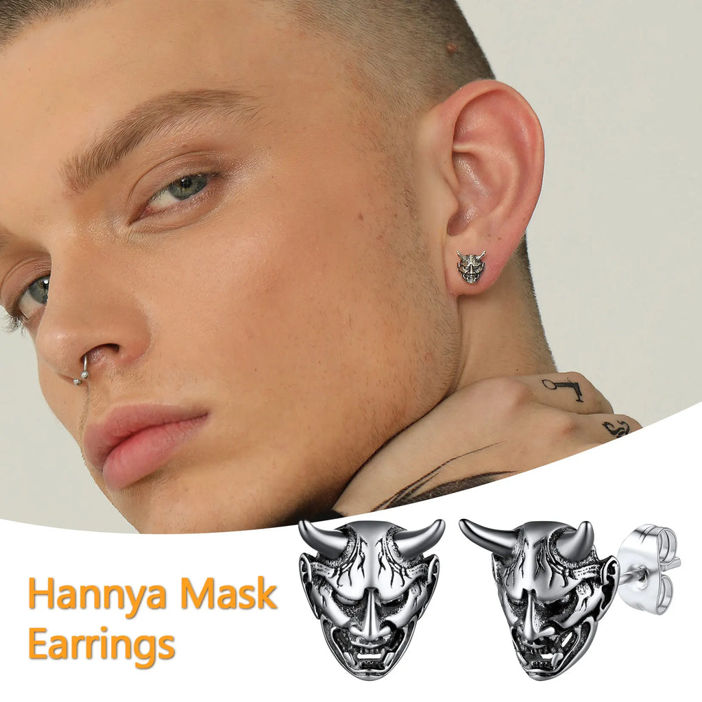 Japanese Oni Hannya Mask Stud Earrings — Stainless Steel