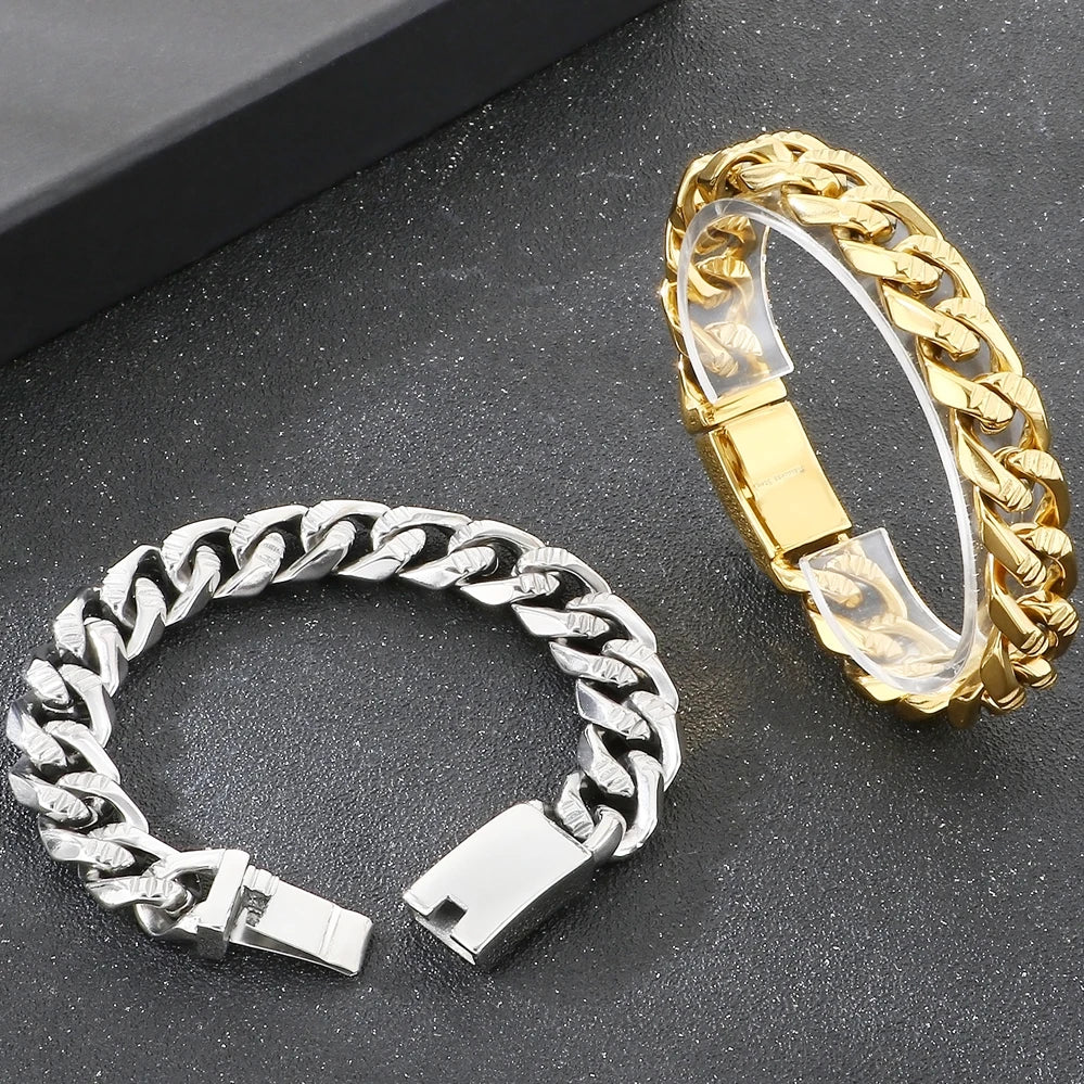 Men's Hip Hop Stainless Steel Cuban Link Bracelets Classic 16MM Width Vacuum Plated Chunky Chain Bracelet for Man Never