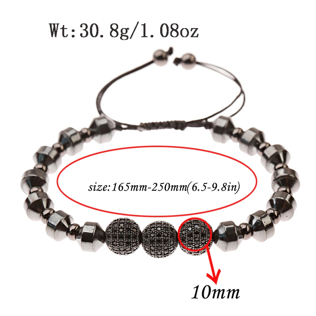 Luxury Micro Pave CZ 8mm Disco Charm Men Bracelet Classic Hematite Beaded Woven Bracelets Bileklik Women Jewelry
