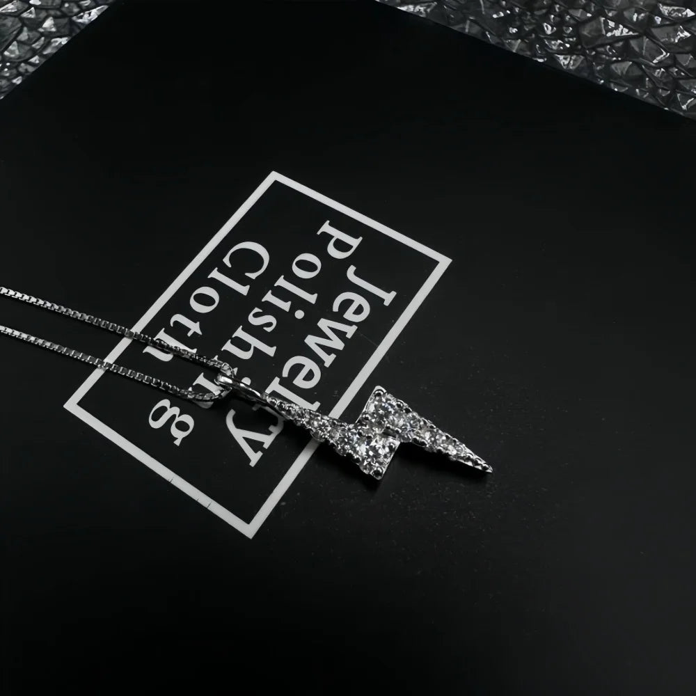 Hip Hop Men Zircon Stainless Steel Lightning Pendant Necklace Simple Punk Necklace For Women Retro Party Jewelry