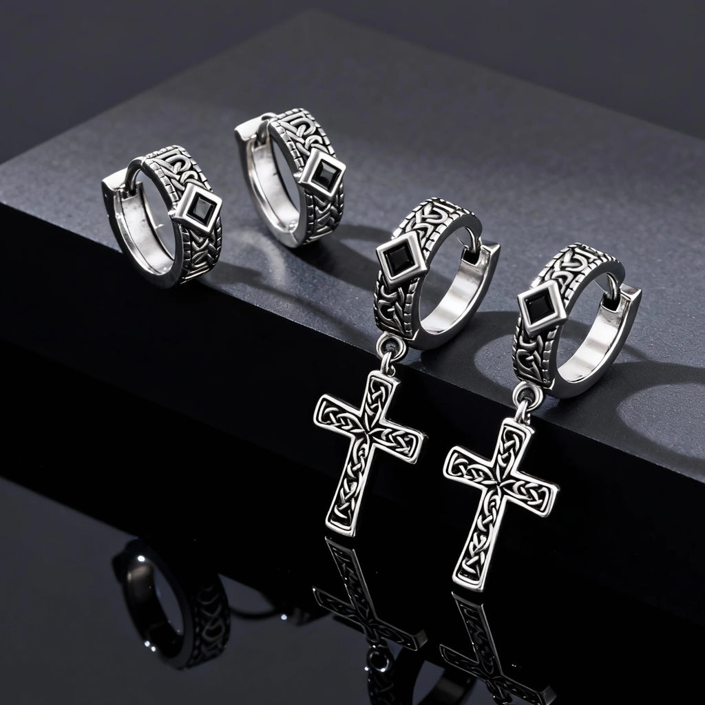 Vintage Celtic Knot Cross Pendant Earrings for Men, Black Zircon Stainless Steel Rhombus Hoop Earrings, Punk Gothic