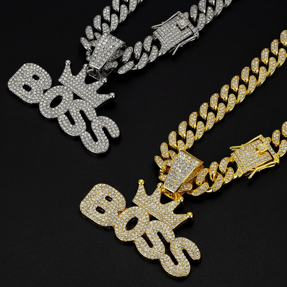 Men's Cool Hip-hop Rhinestone Letter BOSS Pendant Necklace, For Men Fashion Iced Out Bling Zircon Cuban Thick Chain