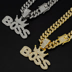 Men's Cool Hip-hop Rhinestone Letter BOSS Pendant Necklace, For Men Fashion Iced Out Bling Zircon Cuban Thick Chain
