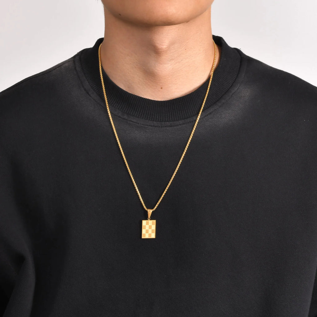 Checkered Square Pendant Necklace — Stainless Steel