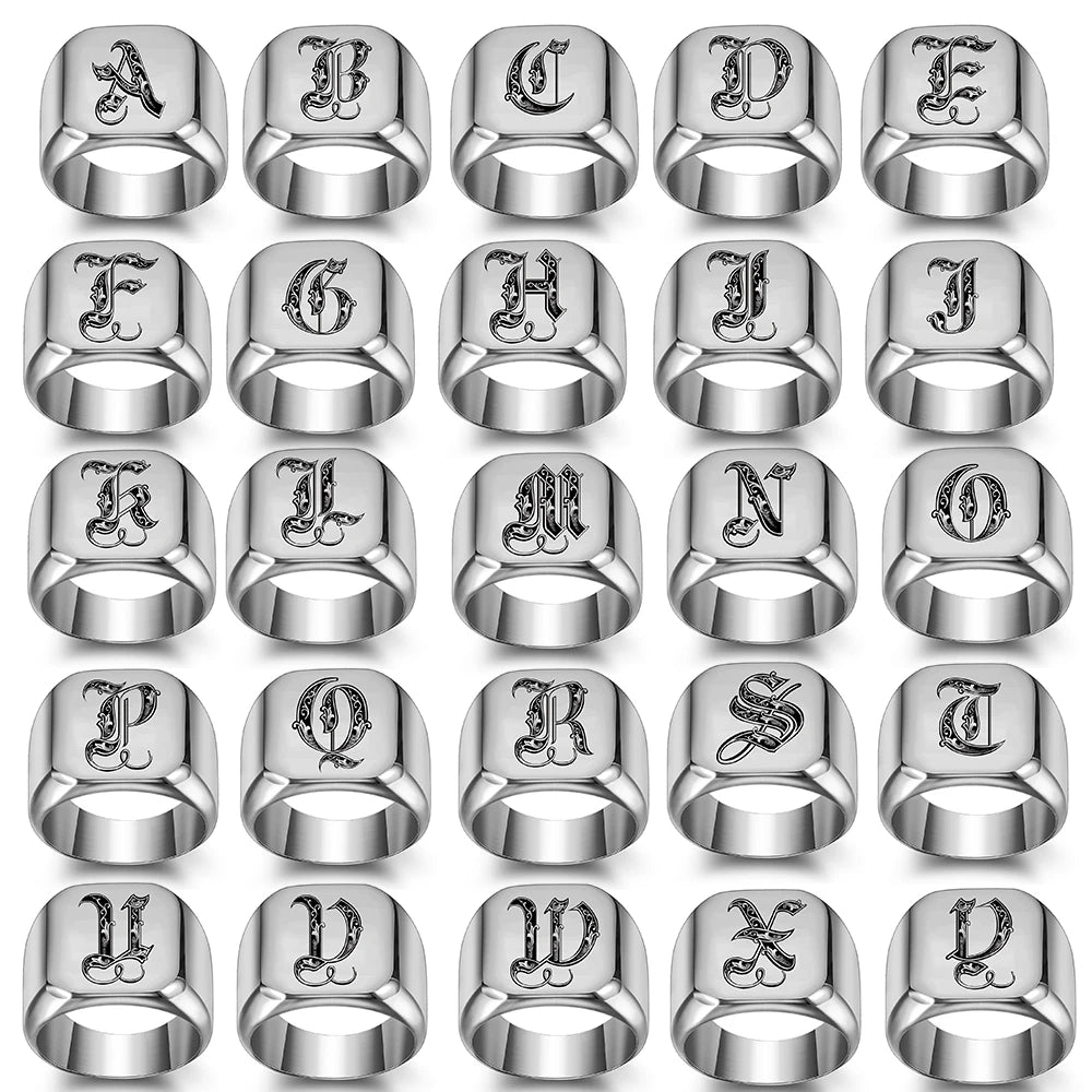 Personalised Initial Engrave A to Z Alphabet Stainless Steel Signet Blank Plain Ring Band High Polished Gold Color Tone