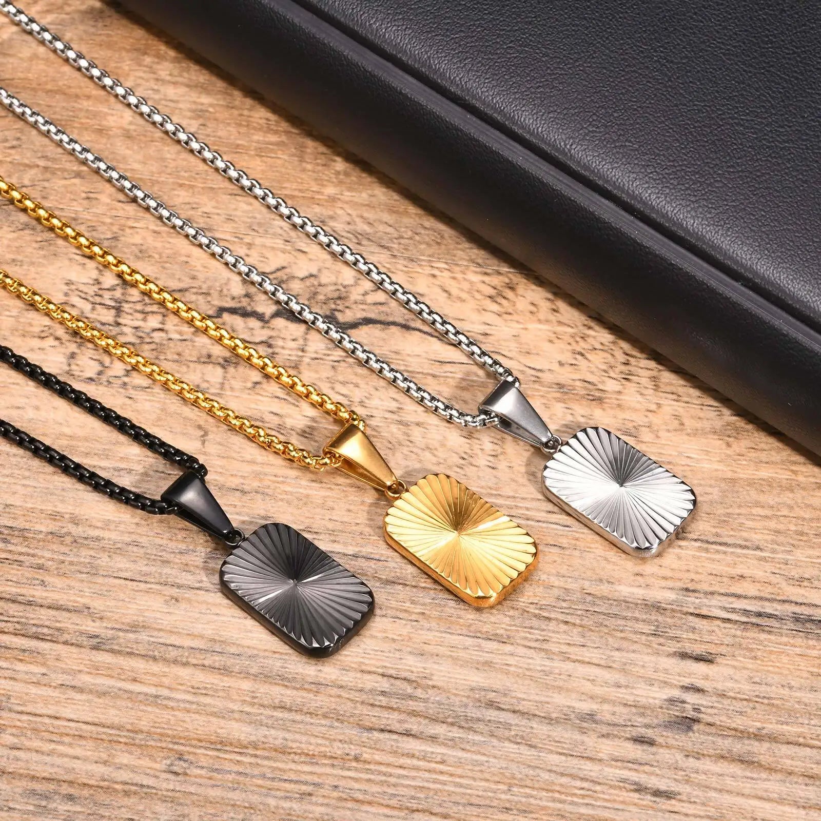 Sunburst Square Pendant Necklace — Stainless Steel
