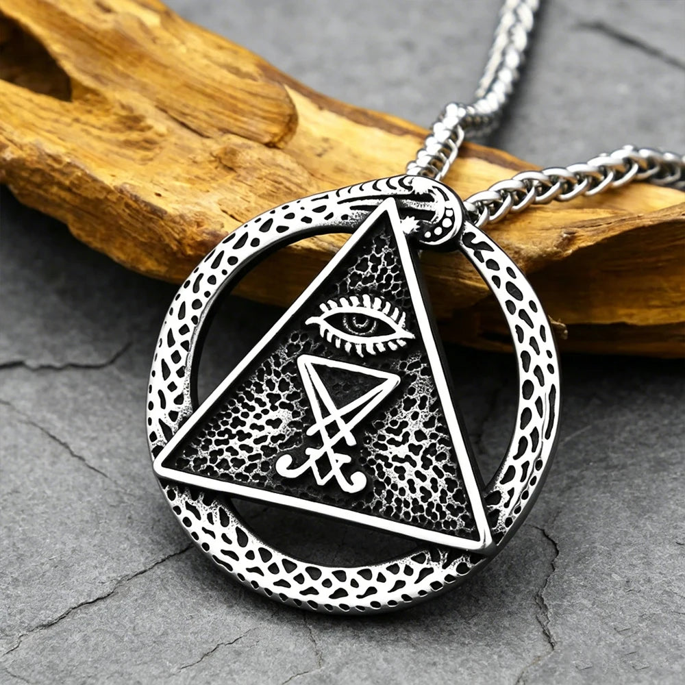 Ouroboros Triangle Eye Pendant Necklace — Amulet, Stainless Steel