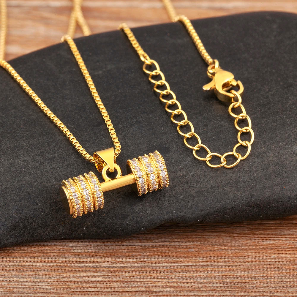 Fashion Crystal Barbell Dumbbell Pendant Necklace Fitness Weightlifting Necklace Women's Gym Sports Copper Jewelry Gift