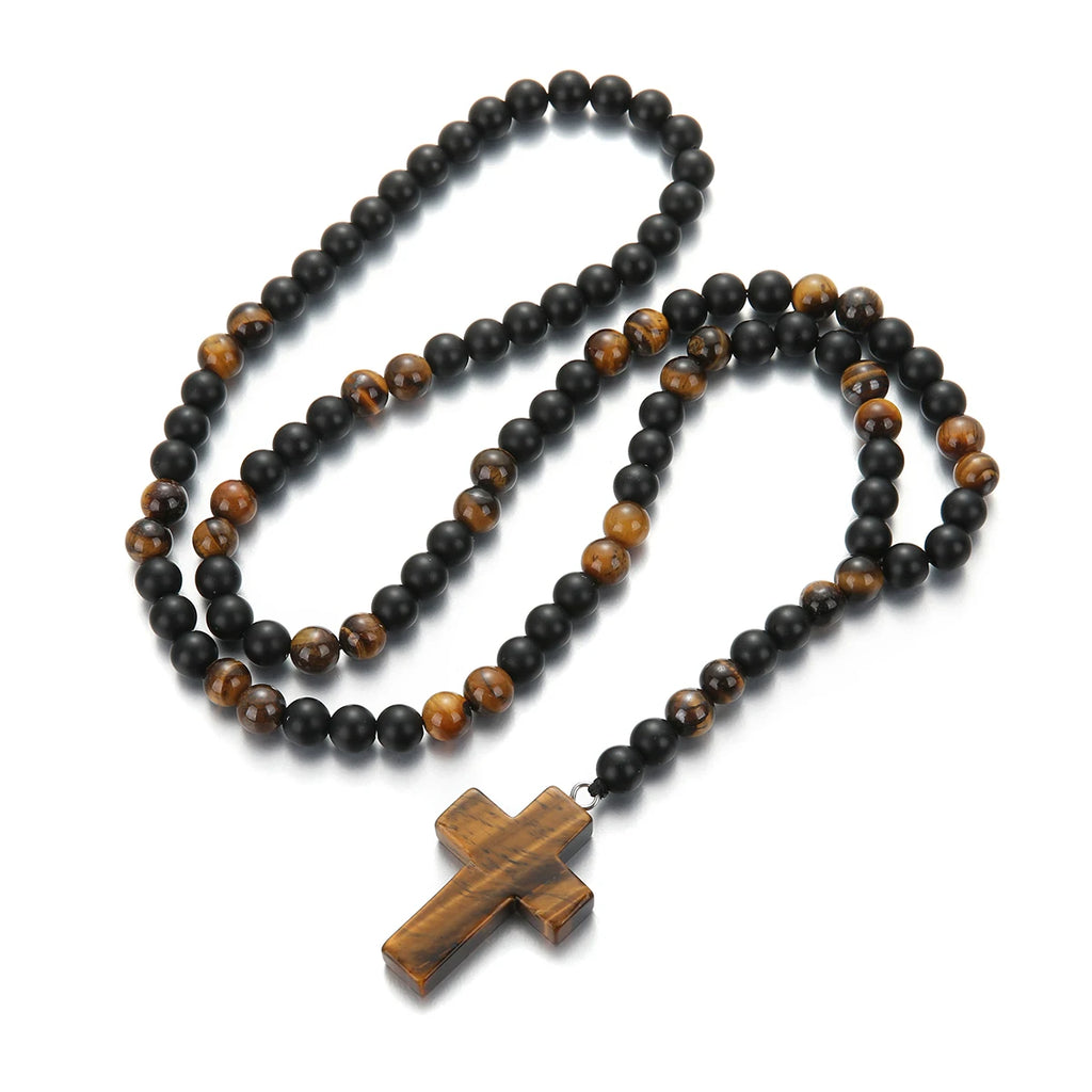 Cool Fashion Matte Black Round Beads Tiger Eye Stone Pendant Necklace for Men and Women