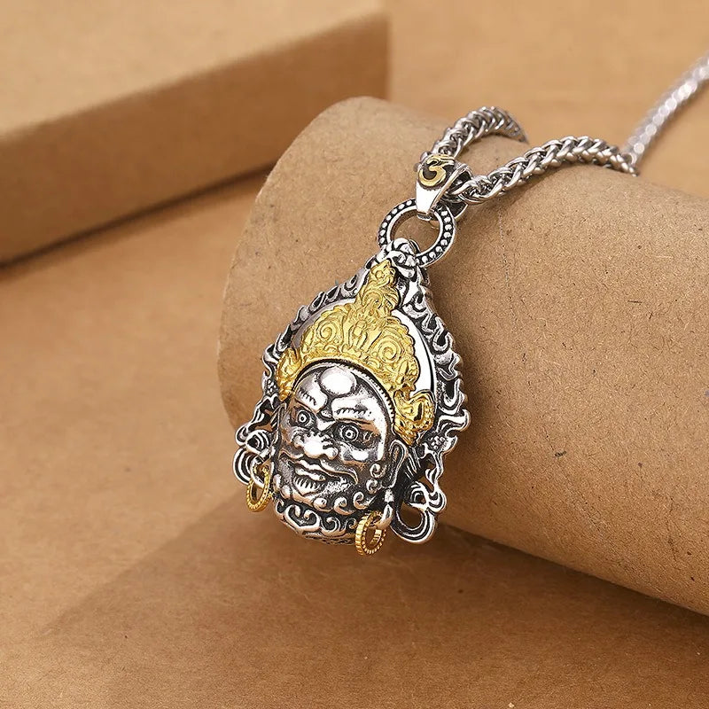 Vintage Plated Thai Silver Yellow God of Wealth Necklace, Gilded Buddha Statue Pendant, Holiday Birthday Gift