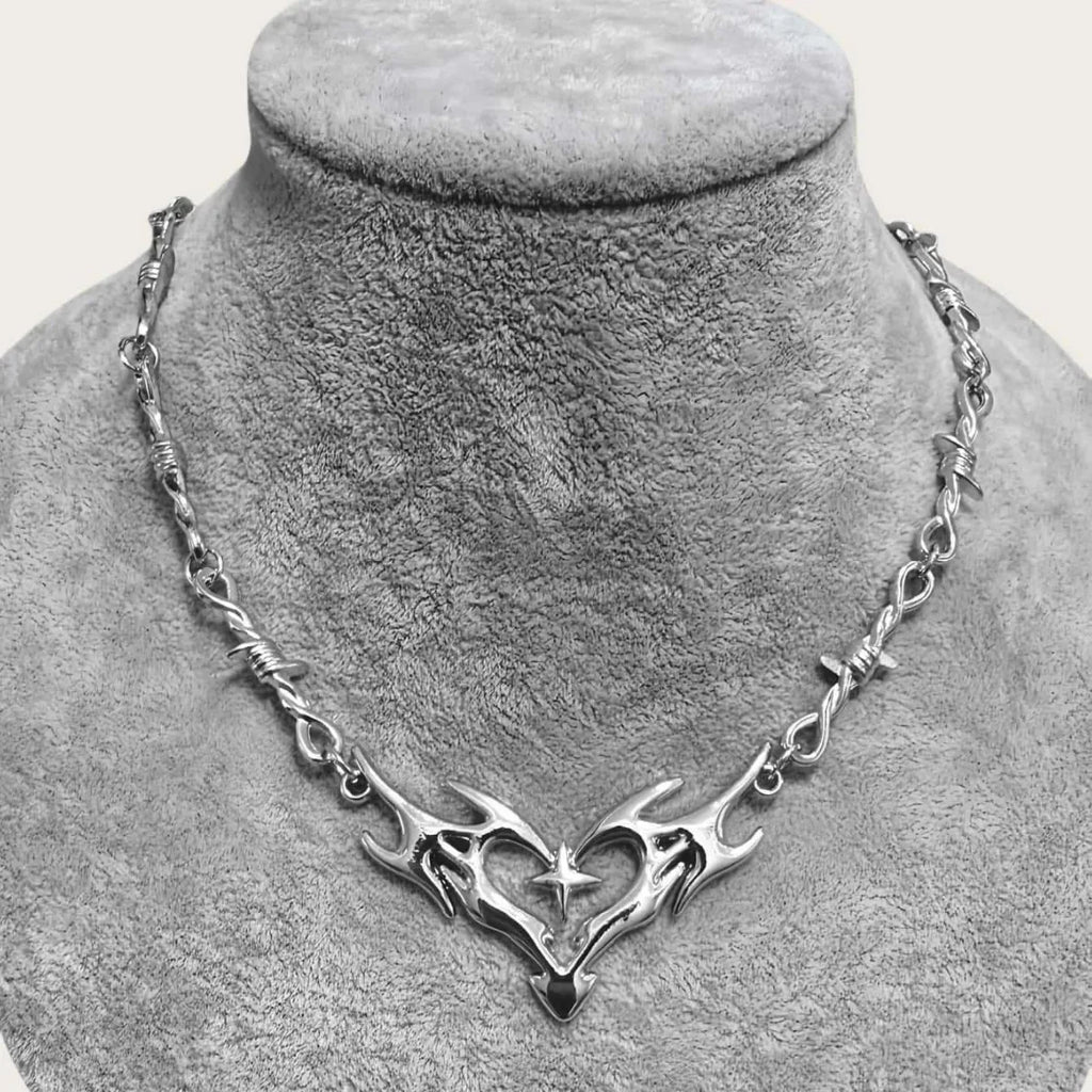 Flame Heart Choker Necklace — Barbed Wire Thorns, Y2K Gothic