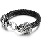 Gothic Punk Style Double Skull Head Bracelet for Men Retro Stainless Steel & Braided Leather Men's Bracelets Jewelry