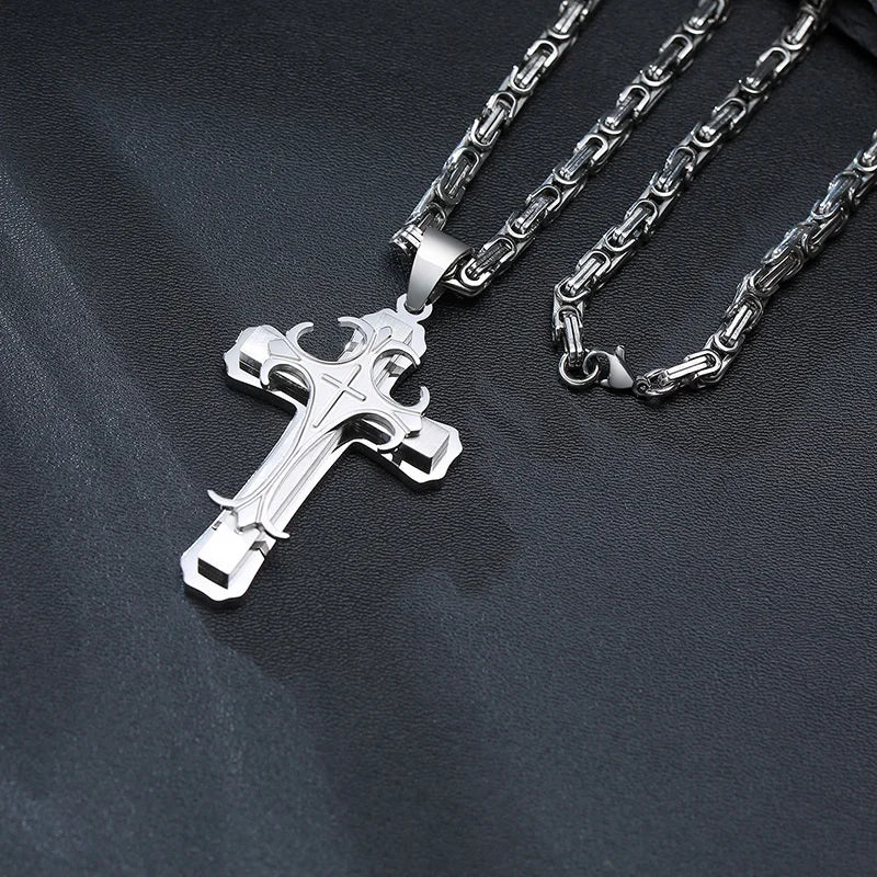 Vnox Men Cross Necklace with 4MM Byzantine Chain,Punk Rock Stainless Steel Catholic Crucifix Pendant Religious Jewelry