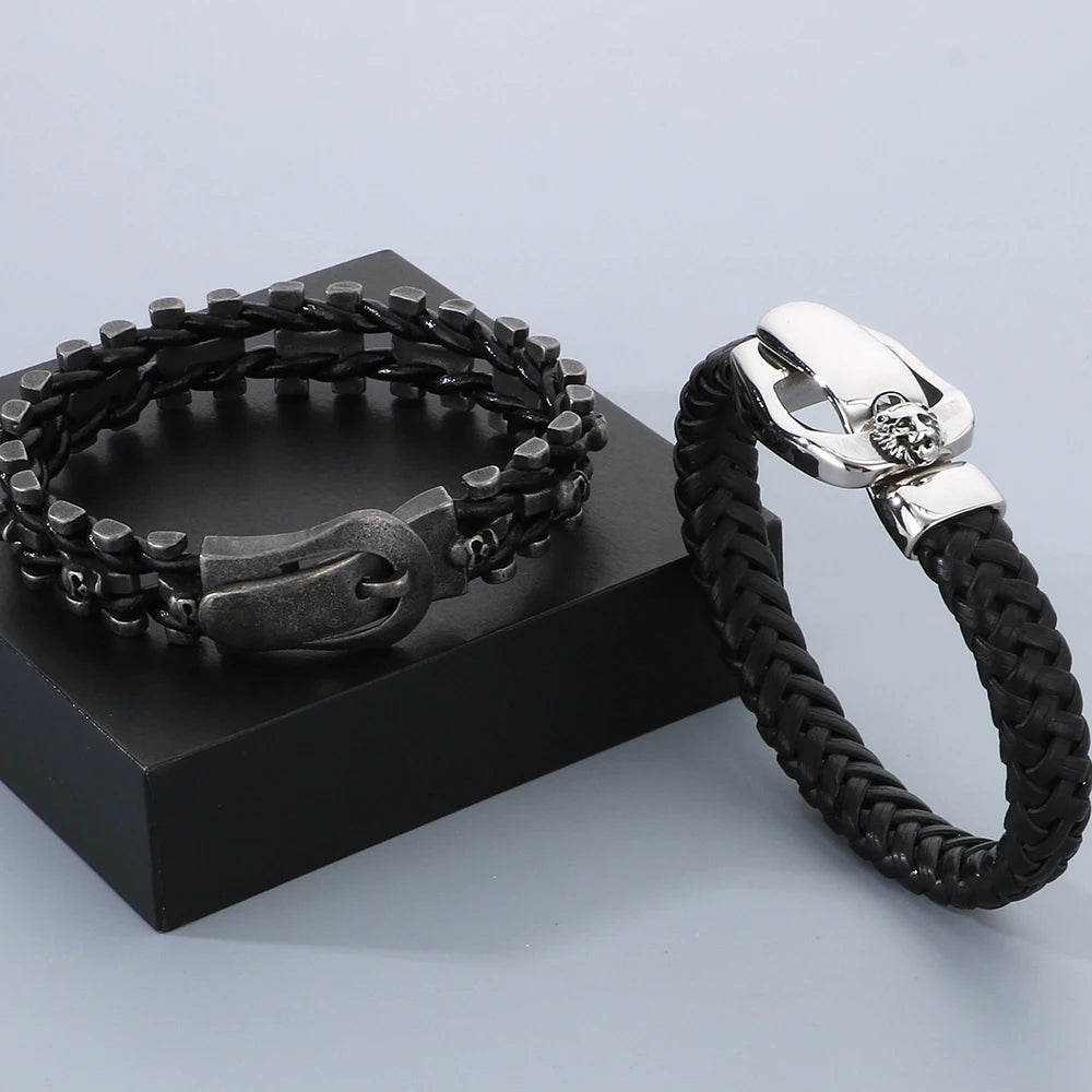Biker Men‘s Bracelet Punk Braided Leather With Skull Lion Head Buckle Rope Cool Hip Hop Stainless Steel Jewelry Gift
