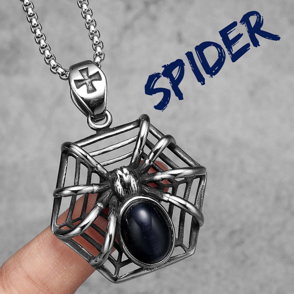 Spider Silk Gemstone Men Necklaces With Pendant Stainless Steel Jewelry For Male Women Punk Hip Hop Accessories Gifts