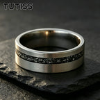 TUTISS 6/8mm Black Meteorite Tungsten Carbide Ring, Offset groove Brushed Finish, Couple Ring, Unique Wedding Band for her（Him）