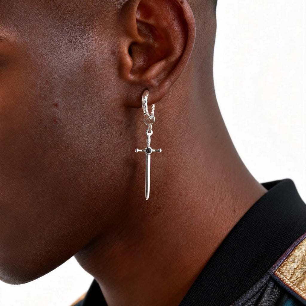 Vnox Stainless Steel Black Onyx Sword Huggie Hoop Earrings Punk Rock Dangle Earring for Men Women Couples Trendy Gothic