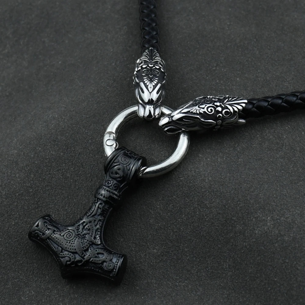 Men stainless steel Wolf head norse viking amulet thor hammer pendant necklace leather chain