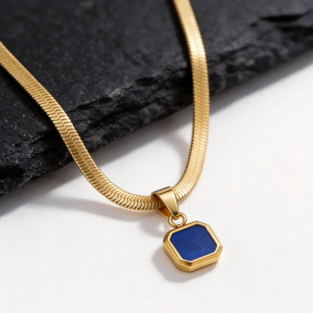 Vnox Geometric Square Natural Stone Pendant Necklace for Men, Gold Silver Color Stainless Steel Blade Chain, Trendy