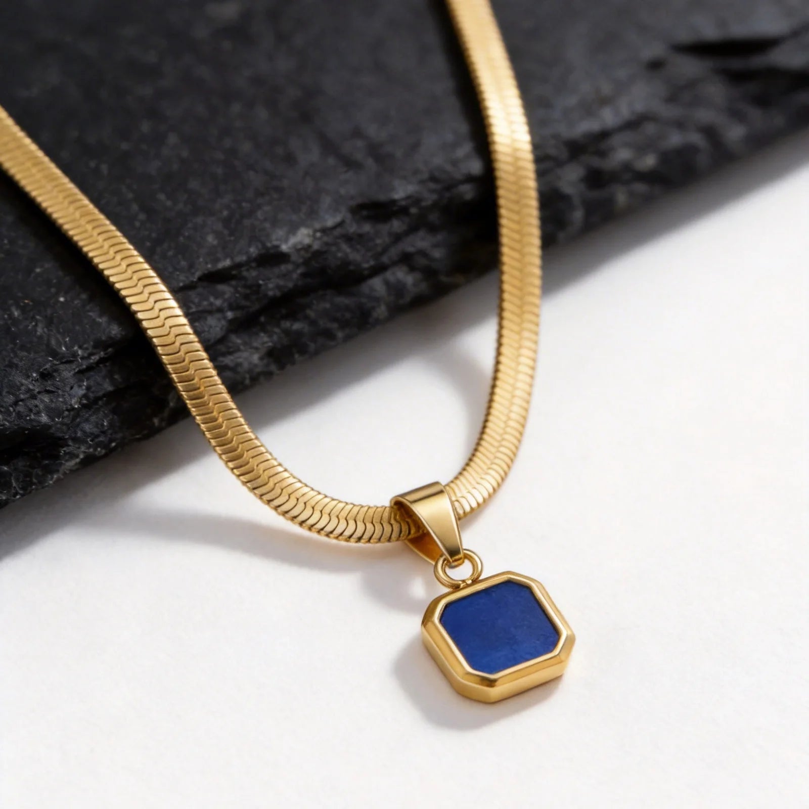 Vnox Geometric Square Natural Stone Pendant Necklace for Men, Gold Silver Color Stainless Steel Blade Chain, Trendy