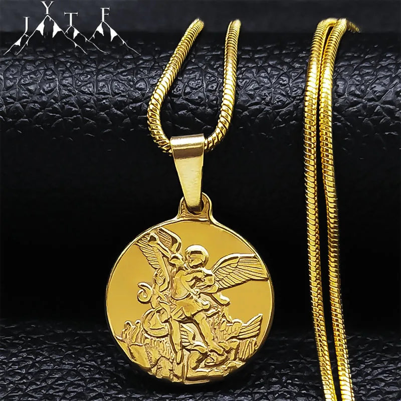 SAINT MICHAEL PROTECT US Archangel Stainless Steel Necklaces Chain Men/Women Gold Color Choker Necklace Jewelry joyas