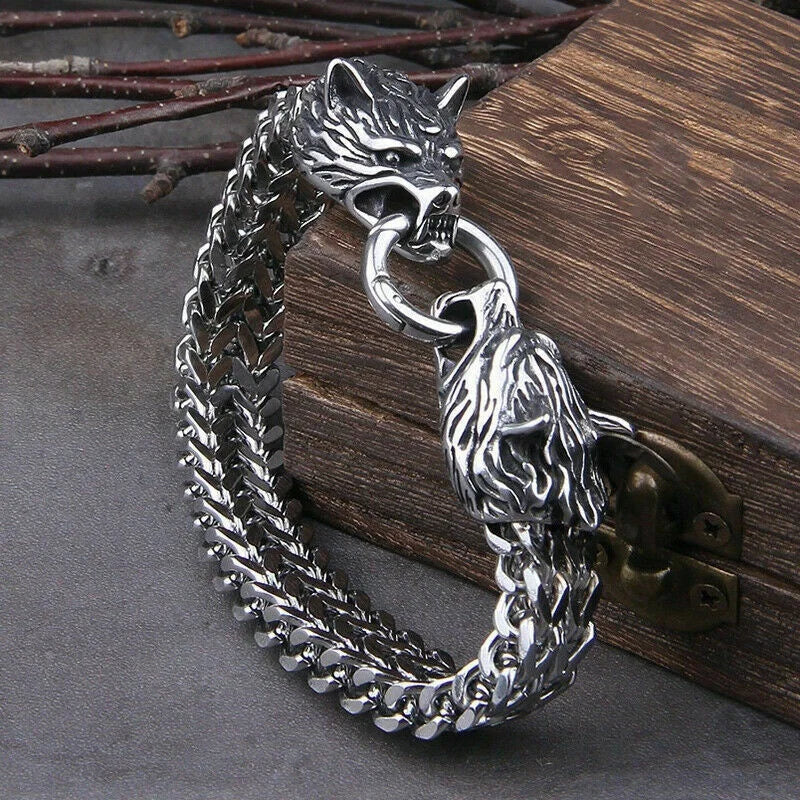 Stainless Steel Retro and Individual Viking Wolf Head Bracelet - Wolf Head Personality Trendy Accessories for Men