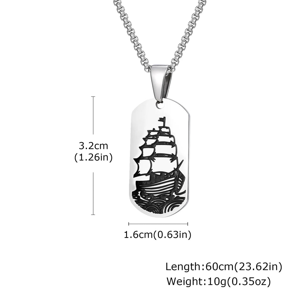 Punk Sea Wave Dog Tag Necklace for Men,Stainless Steel Black Oill Sailboat Military Pendant,Gift to Husband Son Dad