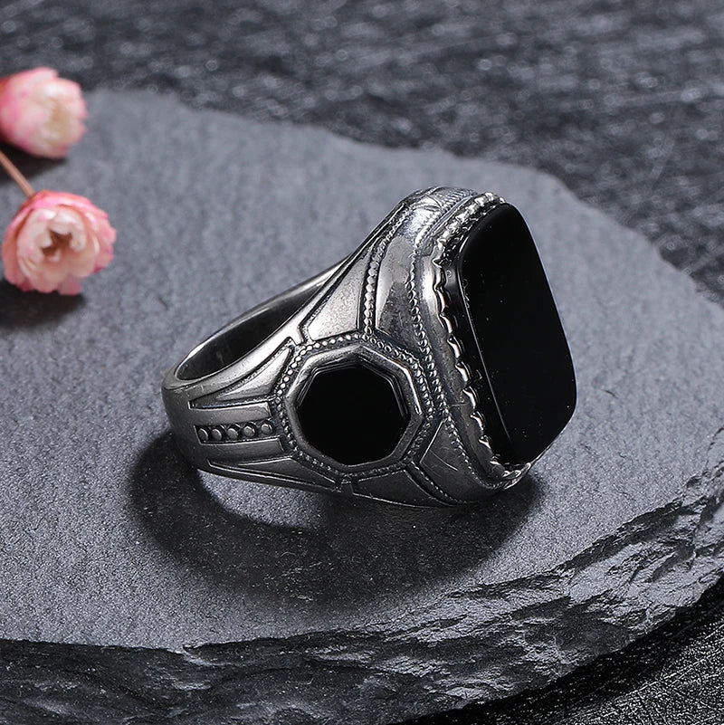 Silver Jewelry Ring Natural 14*16mm Big Black Agate Stone Vintage Ring For Women Party Gifts