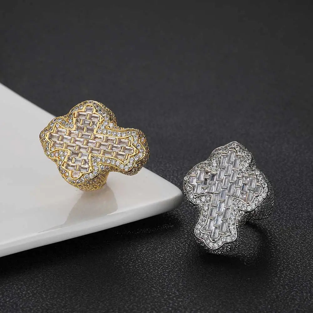 Cross Ring Iced Out Stainless Steel Statement