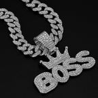 Men's Cool Hip-hop Rhinestone Letter BOSS Pendant Necklace, For Men Fashion Iced Out Bling Zircon Cuban Thick Chain