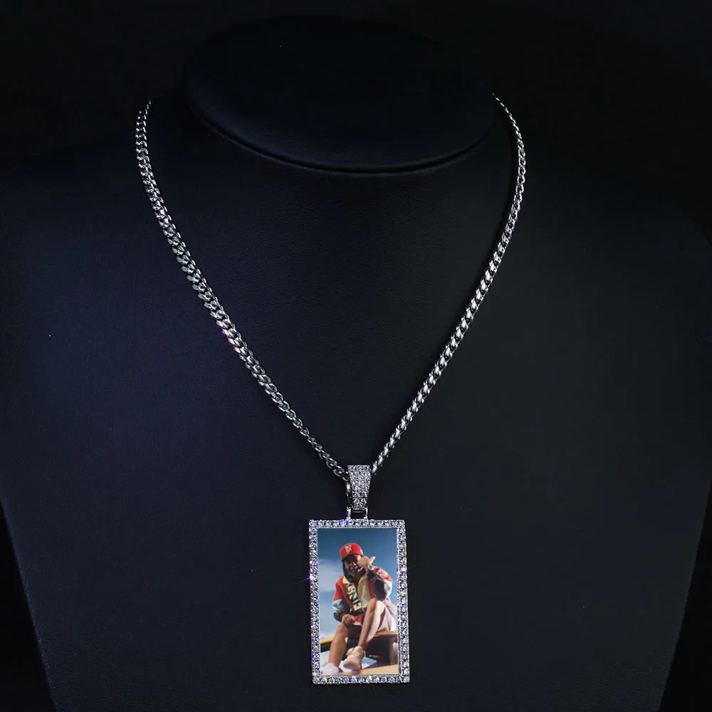 Iced Out Photo Pendant Necklace Rectangle