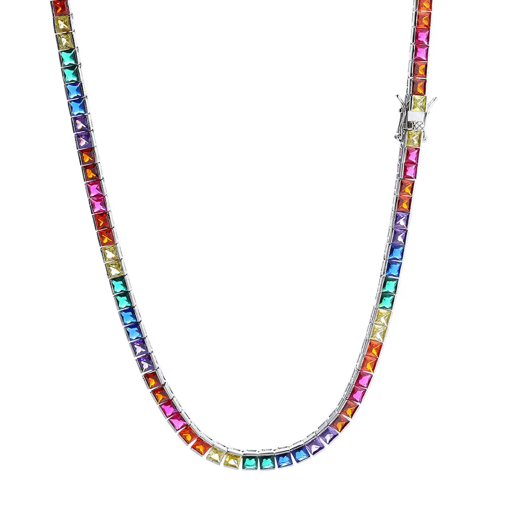 Gold Rainbow Tennis Necklace Iced Out 4MM 18K