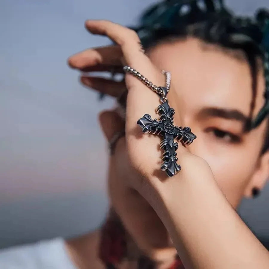 Fashion Stainless Steel Jewelry Set for Men Unisex Vintage Silver Color Cross Pendant Necklace, Bracelet Sets Punk