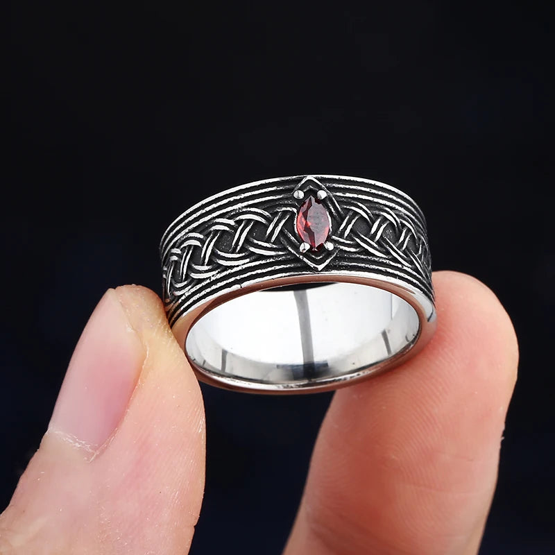 316L Stainless Steel Viking Knot Ring With Red Men Vintage Nordic Viking Totem Odin Men Rings Jewelry Party Gift