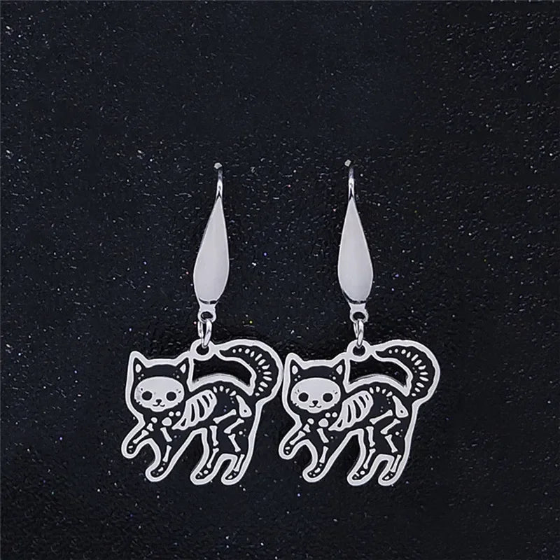 Skull Cat Silver Earrings Gothic Dangle Small