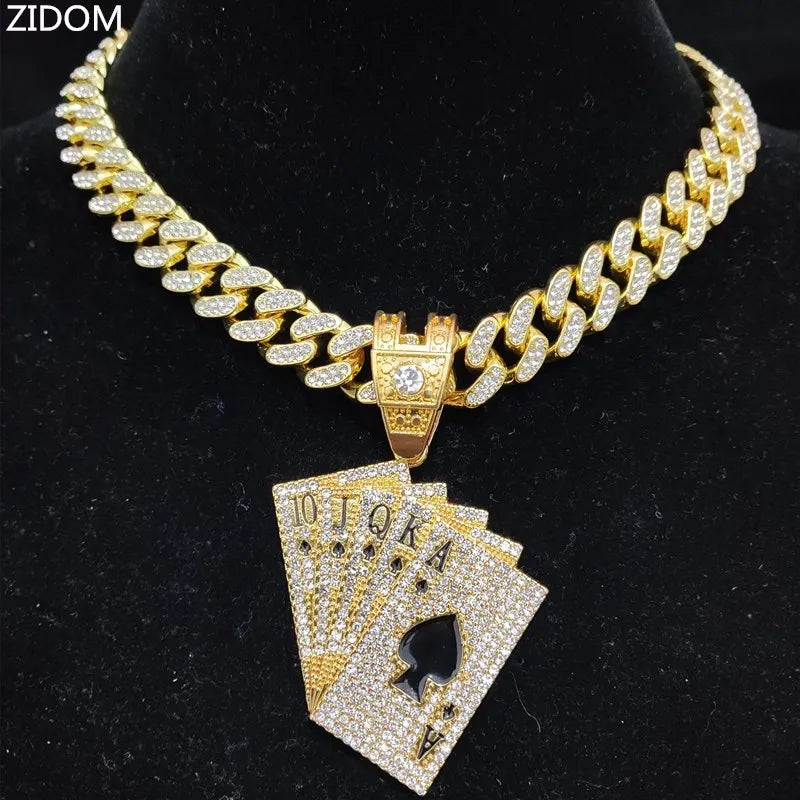 Men Women Hip Hop playing card Pendant Necklace With Crystal Cuban Chain HipHop Iced Out Bling Necklaces Fashion Charm